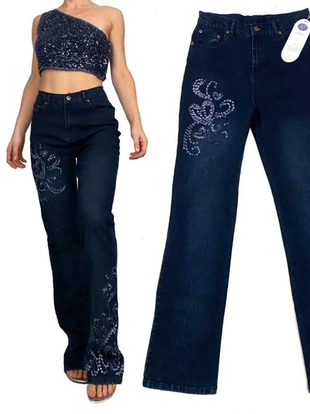 Y2K Heart embellished boot cut dark wash jeans